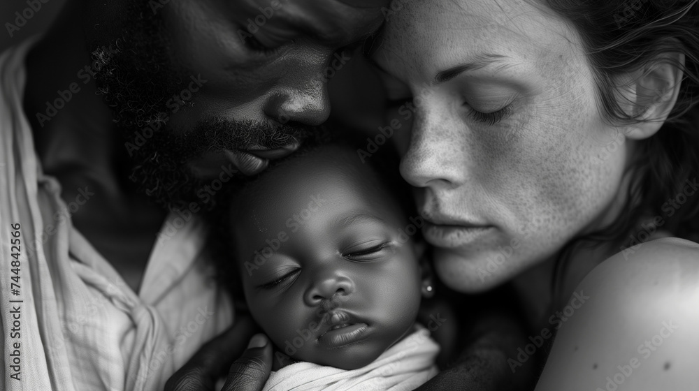 A serene moment as parents affectionately cradle their sleeping baby. A serene moment as parents affectionately cradle their sleeping baby.