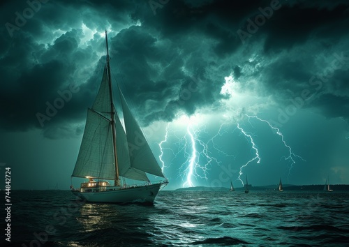 Sailboat Navigating Stormy Seas with Lightning