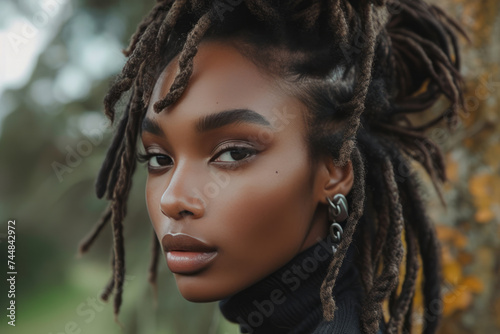 Close-up profile portrait of a charming black young woman with dreadlocks on a summer day. Beautiful African model with ethnic hairstyle. Natural beauty, diversity in fashion.