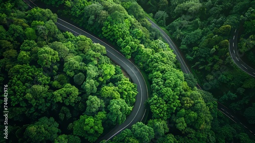 Aerial view of a curve road going through the middle of the forest