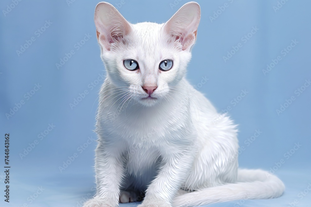A majestic oriental cat with its distinct features, such as its almond shaped eyes, elegant body shape, and silky, short fur. ISolated on the blue background.