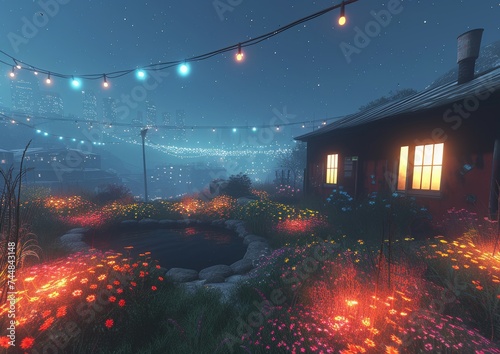Fairy-tale Cottage Garden with Twinkling Lights at Night
