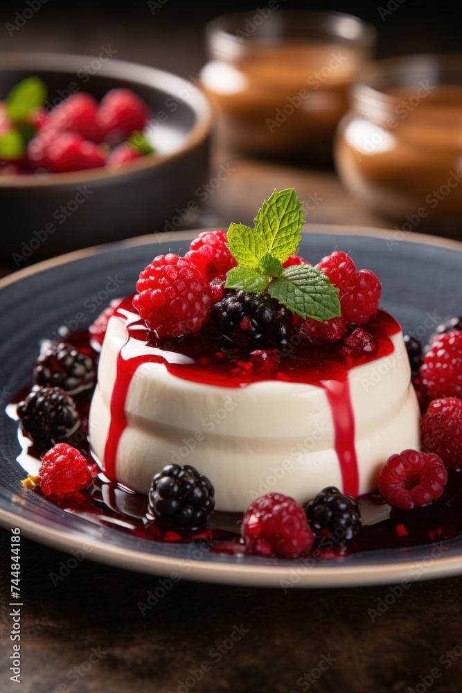 creamy panna cotta with berry compote; dessert photography; best for banners, flyers, and posters creamy panna cotta with berry compote; dessert photography; best for banners, flyers, and posters