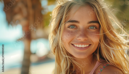 sensitive close-up face portrait of beautiful blonde hair young woman with clean skin and freckles, curly hair looking at camera. Gorgeous human beauty, fashion, vacations and skin care concepts