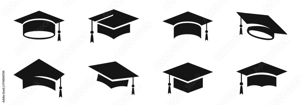 Graduation hat icons. Academic cap. Graduation student black cap. - obrazy, fototapety, plakaty 