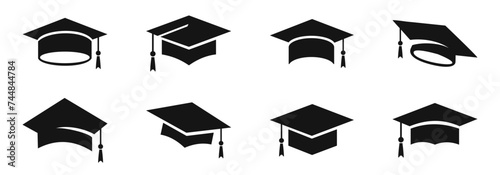 Graduation hat icons. Academic cap. Graduation student black cap. photo