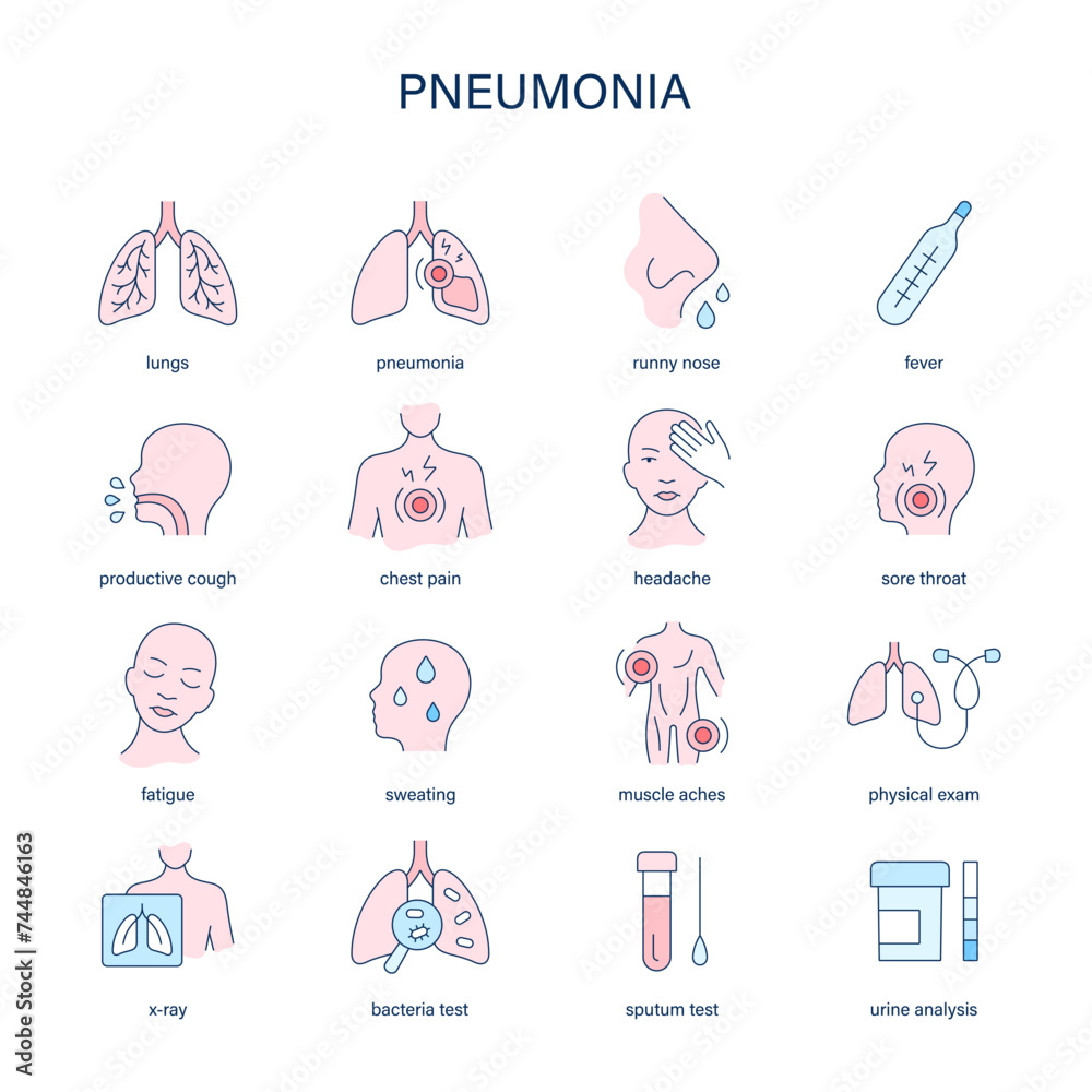Pneumonia symptoms, diagnostic and treatment vector icons. Medical icons. Pneumonia symptoms, diagnostic and treatment vector icons. Medical icons.