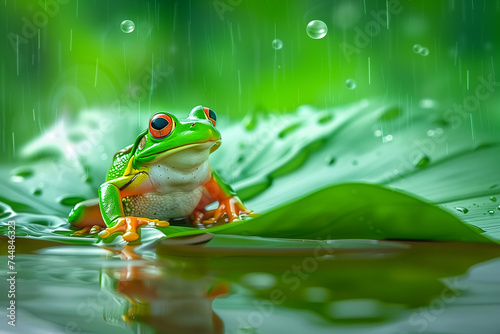 illustration of green frog on a leaf of water lily. Created with Generative AI 
