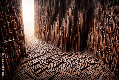 Wooden walls with columns surround an old ancient town, surrealist wallpaper. Generative ai
