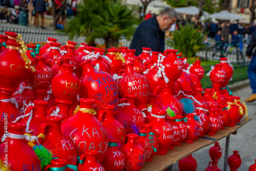 :Corfu Easter painted pots for throwing from balconies at the Liston Spaniada square on Holy Saturday