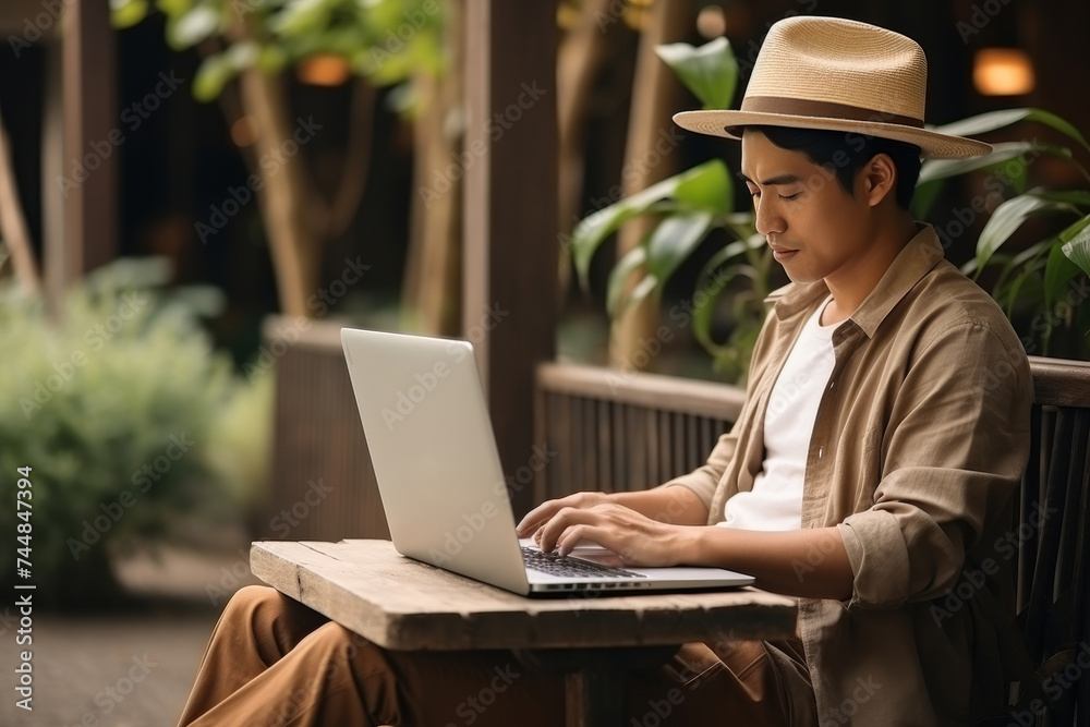 asian young attractive man in hat using digital laptop computer outdoors in natural environment