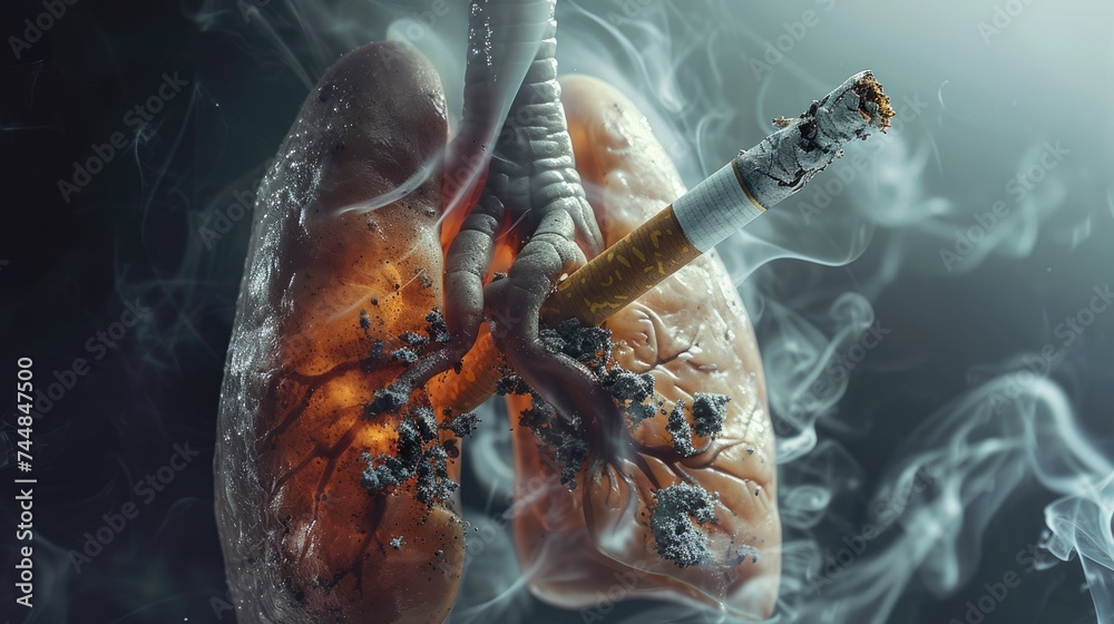 A smoker's lungs are spoiled sick from the tobacco smoke of cigarettes. The harm of smoking. banner - obrazy, fototapety, plakaty 