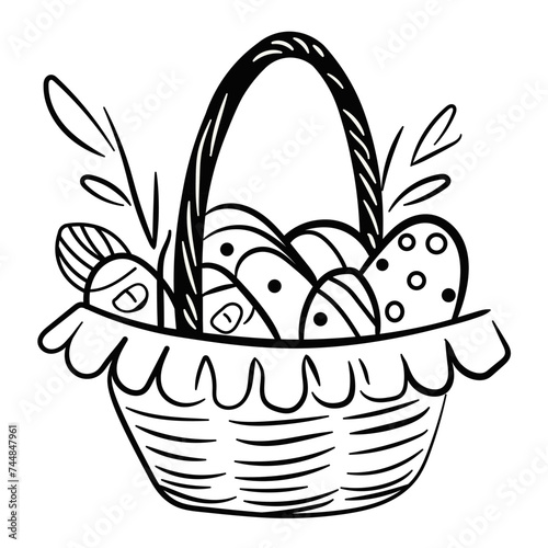 Basket of minimalist Easter eggs with black outline. Easter symbol objects. Art for Easter decoration