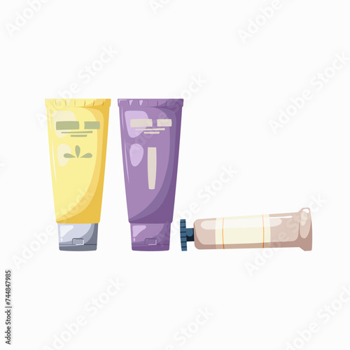 Set of hand drawn cream tubes on white background. Beauty concept illustration. Skin care, body care and natural cosmetic collection. Isolated vector 