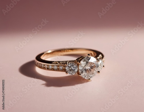 Engagement gold beautiful ring with diamond, close-up on pink background, commercial style banner. Wedding concept, invitations, cards.