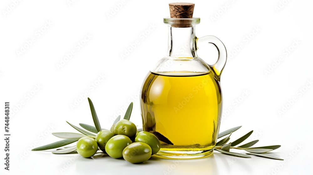 Olive oil bottle and olive branch isolated on white background, top view. Olive oil bottle and olive branch isolated on white background, top view.