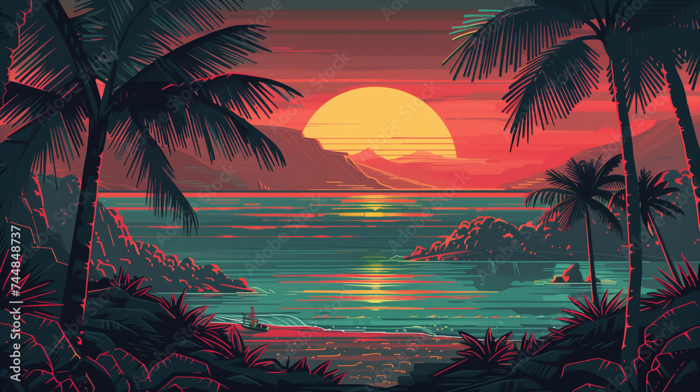 Futuristic retro landscape of the 80`s. Futuristic illustration of sun with mountains in retro style. Digital Retro Cyber Surface. Suitable for design in the style of the 1980`s.

