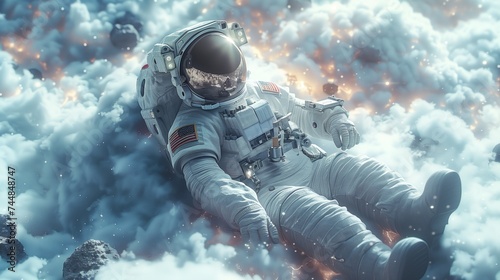 An astronaut floating underwater, surrounded by clouds, in a recreation of space