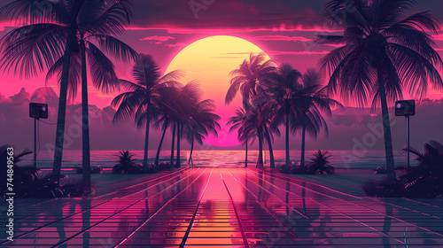 Futuristic retro landscape of the 80`s. Futuristic illustration of sun with mountains in retro style. Digital Retro Cyber Surface. Suitable for design in the style of the 1980`s.

