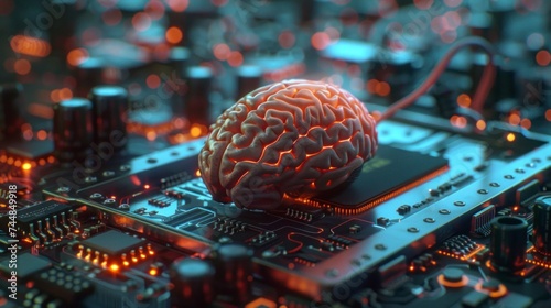 human brain with a chip inside a computer and a mouse and technology in high resolution and high quality