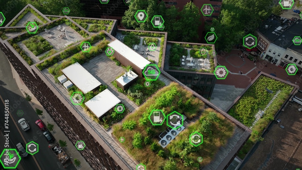 Modern Eco-friendly urban rooftop gardens with environmental protection icons and carbon emissions reduction. 3D render. Aerial