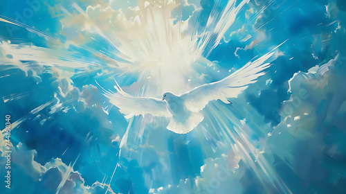 The image depicts a serene and ethereal scene of a white, angelic figure, possibly a dove or an angel, with outspread wings against a backdrop of fluffy clouds and radiant blue skies. photo