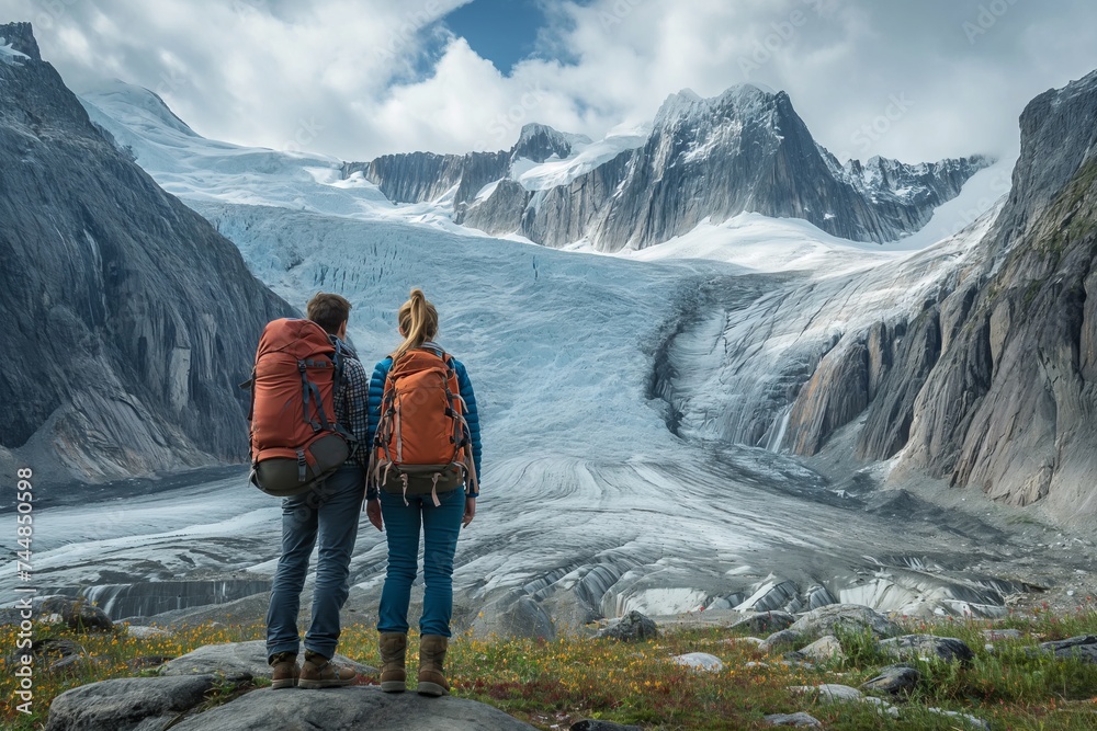 Fototapeta premium Hikers in awe in front of a glacier wall in the mountains