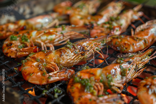 Grilled shrimps with parsley, closeup