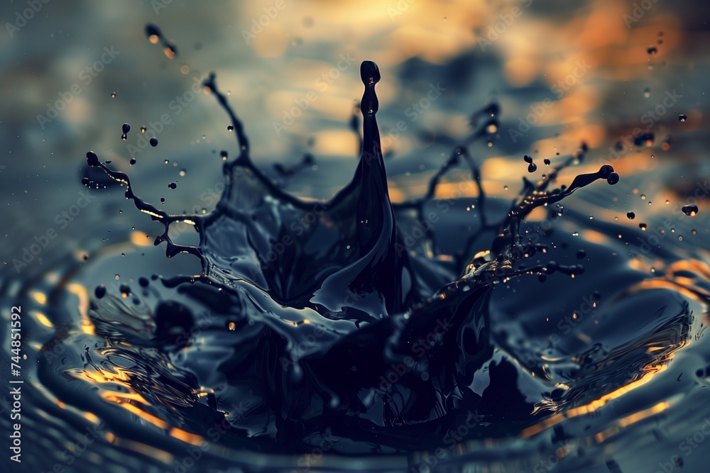 Black water crown splash with golden light reflections and ripples - obrazy, fototapety, plakaty 