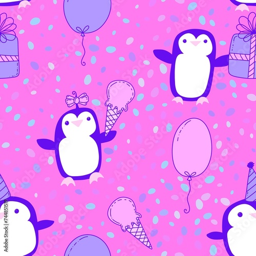 Birthday party animals seamless penguin pattern for wrapping paper and fabrics and kids print and summer print