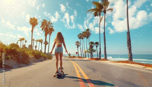 beautiful blonde hair young slim woman on longboard moving down the street under palm trees to the beach under summer suN. Gorgeous human beauty, fashion, vacations and active lifestyle concept image