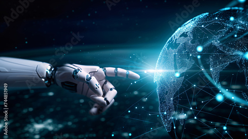 The technology concept, hands of human and robot touch digital white glow earth globe, Technology concept, generative ai