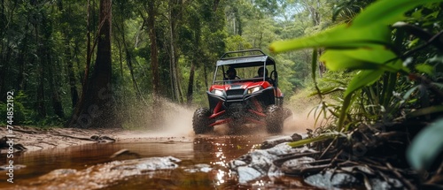 Fototapeta Naklejka Na Ścianę i Meble -  A buggy rides at through the jungle. Extreme. Splashes, dirt, branches, stones. Off-road racing. Auto-sport. Generative ai. Jungle. Sport