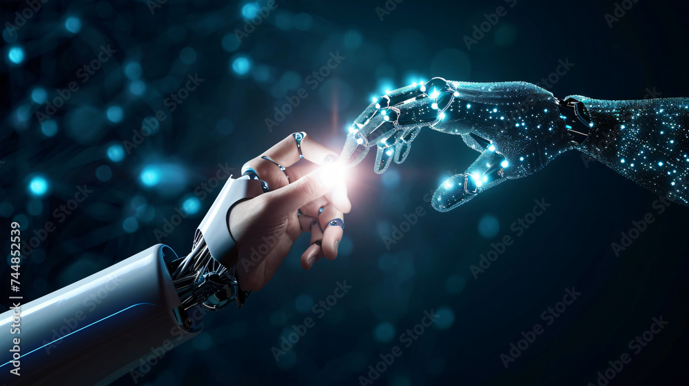 The technology concept, hands of human and robot touch finger, Technology concept, generative ai - obrazy, fototapety, plakaty 