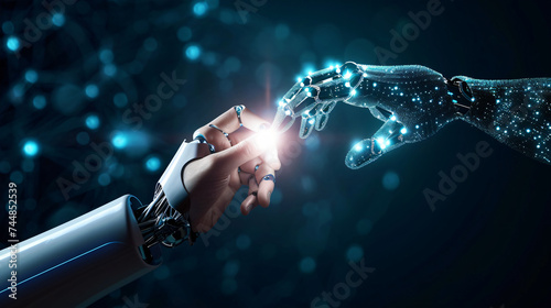 The technology concept, hands of human and robot touch finger, Technology concept, generative ai
