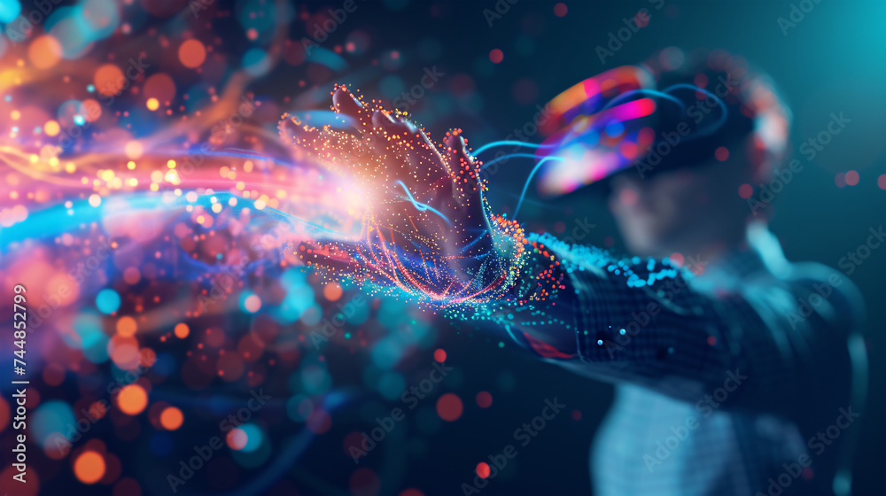 The Business Concept, Businessman wear version VR touch Digital dots lines, technology concept, generative ai The Business Concept, Businessman wear version VR touch Digital dots lines, technology concept, generative ai