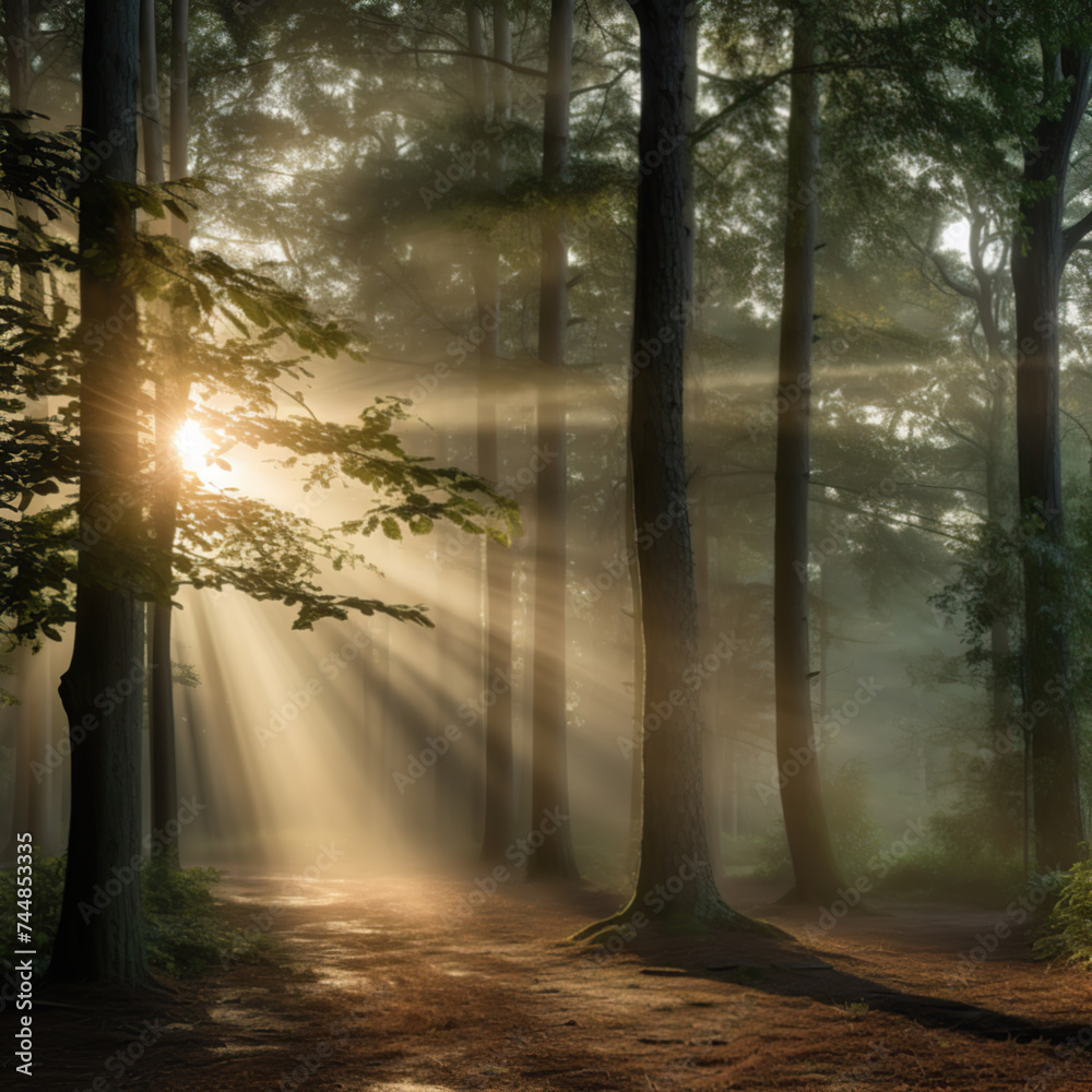 Misty forest scene at dawn with rays of sunlight filtering through the trees, creating an ethereal and enchanting ambiance
