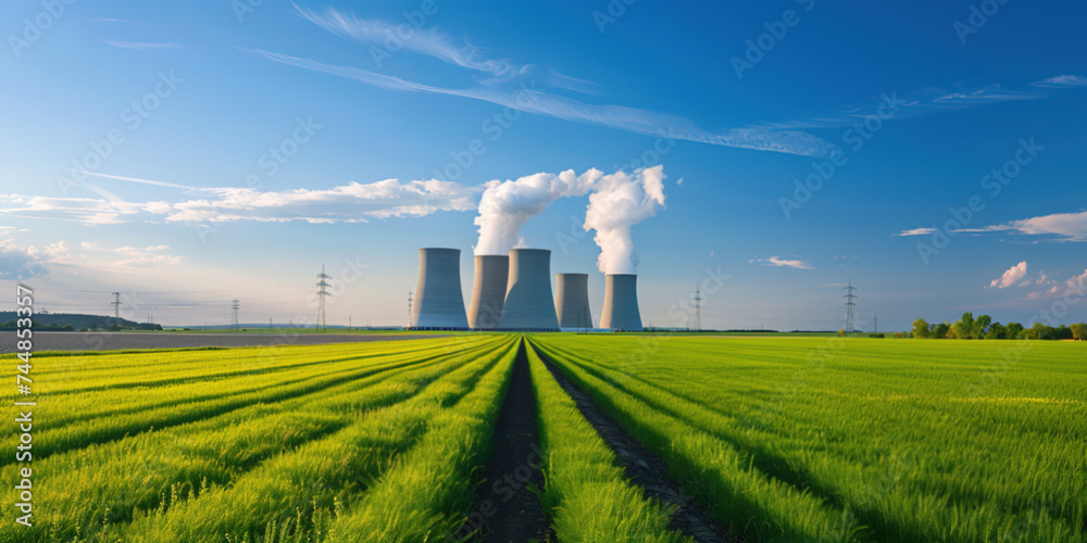 Nuclear power plant and scenic landscape with fields and blue sky Nuclear power plant and scenic landscape with fields and blue sky