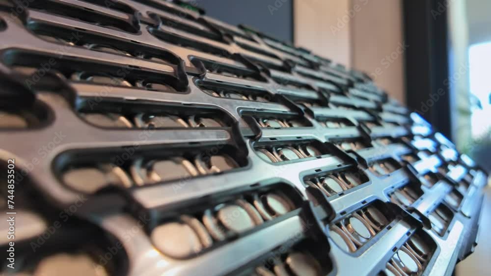 Close-up of Electric Car battery pack. Lithium-ion battery cell manufacturing and battery module cells for automotive Industry. High capacity batteries for Electric Vehicle.