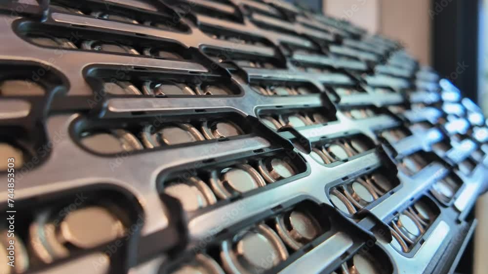 Close-up of Electric Car battery pack. Lithium-ion battery cell manufacturing and battery module cells for automotive Industry. High capacity batteries for Electric Vehicle.