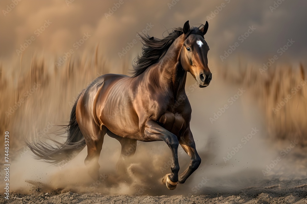 A beautiful horse running and raising dust