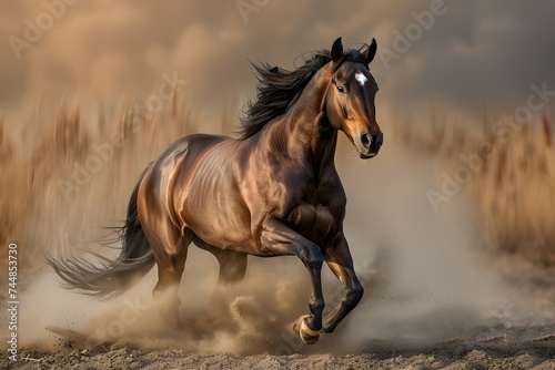 A beautiful horse running and raising dust