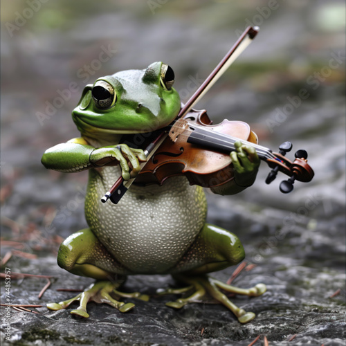 A frog playing the violin. Anthropomorphic. Funny animal