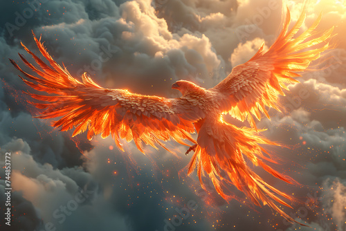 A phoenix made of flames flying in the cloudy sky