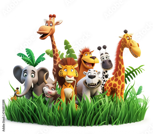 Happy animals cartoon in the park with green plants