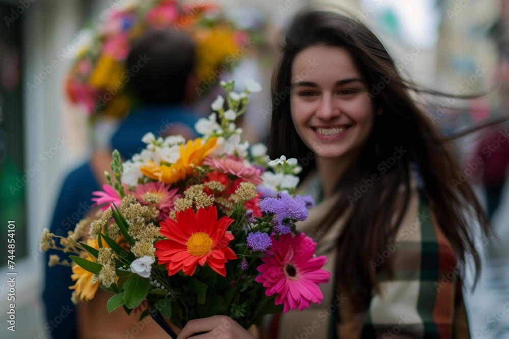 smiling girl, man and flowers
