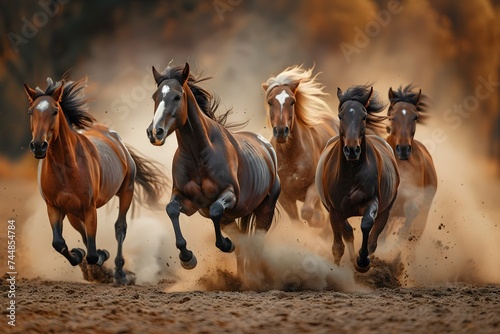 A herd of horses running, scattering dust © IL