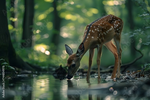 Baby deer is drinking water in the forest