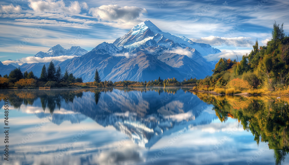 Snowy mountain peaks reflected in a calm lake under a clear blue sky