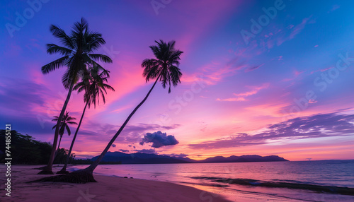 Silhouetted palm trees against a vibrant pink and purple sunset sky at the beach